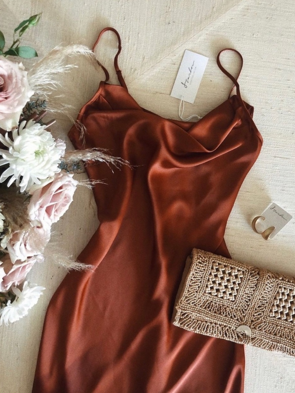 Rust Satin Cowl Slip Dress with Adjustable Straps - Women